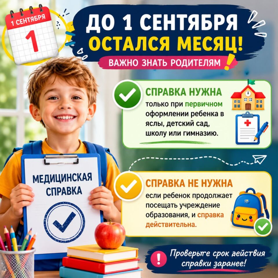 📚До 1 сентября — всего месяц, и многие родители уже отправились за медицинскими справками. Но спешить нужно не всем